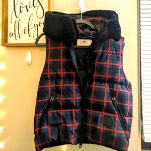 COACH -plaid Riley zip-up puffer vest in crimson,black and navy w/ lined hood.